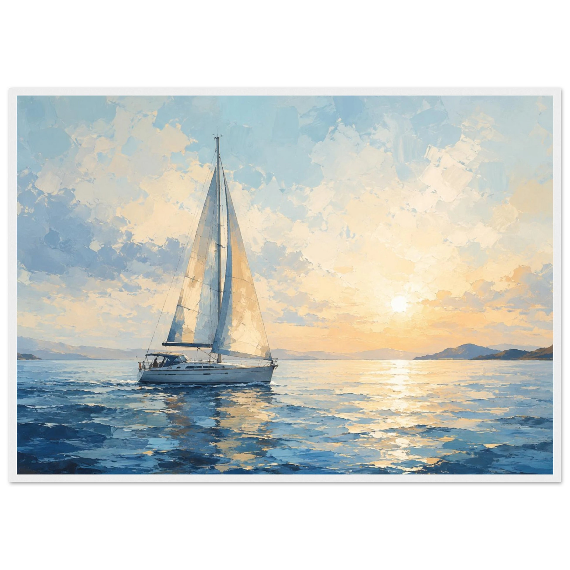 Seilbåt plakat på rolig hav ved solnedgang i blå og gylne toner