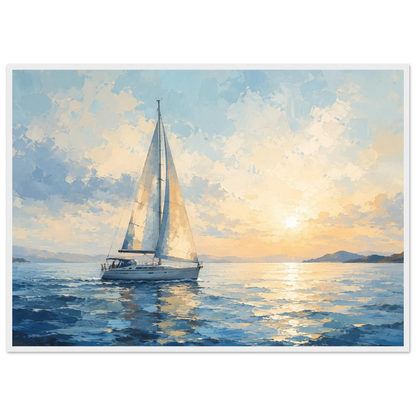 Seilbåt plakat på rolig hav ved solnedgang i blå og gylne toner