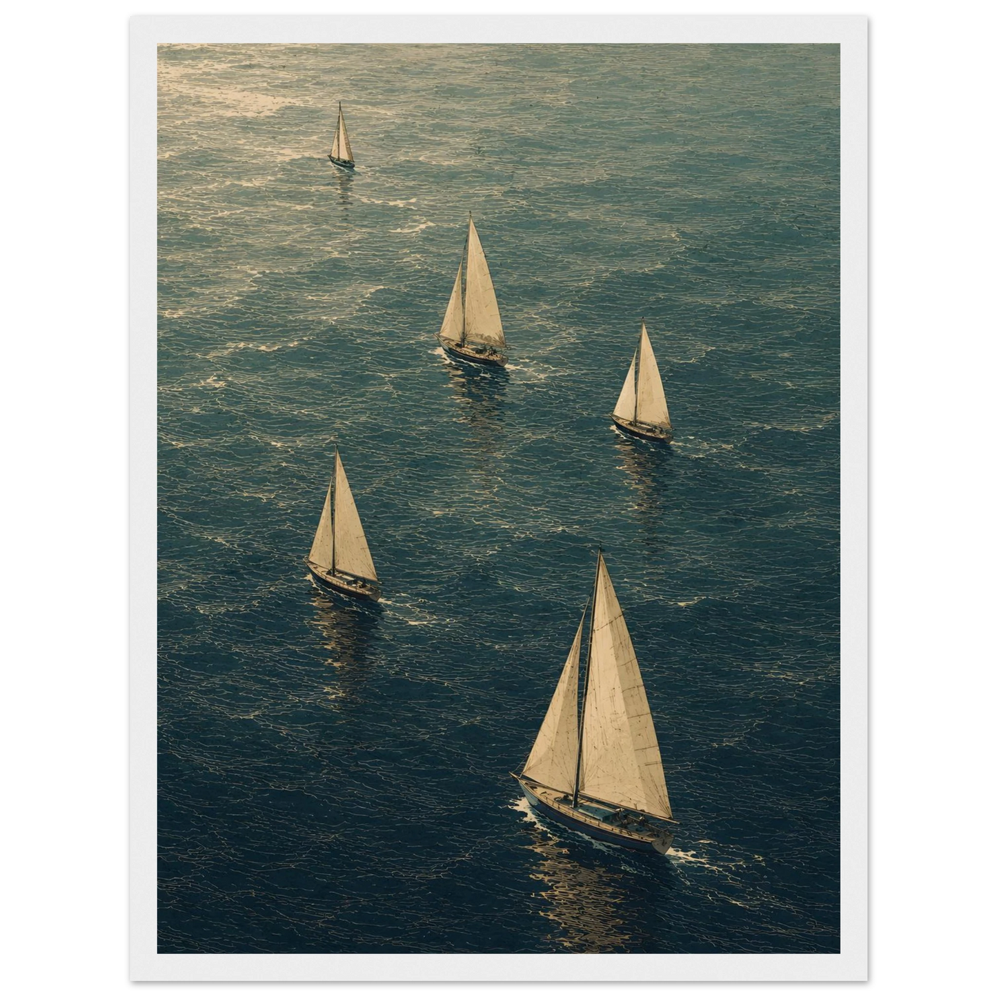 Maritim plakat med flere seilbåter som seiler over et blågrønt hav i et kunstnerisk grafisk uttrykk.