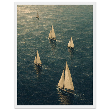 Maritim plakat med flere seilbåter som seiler over et blågrønt hav i et kunstnerisk grafisk uttrykk.