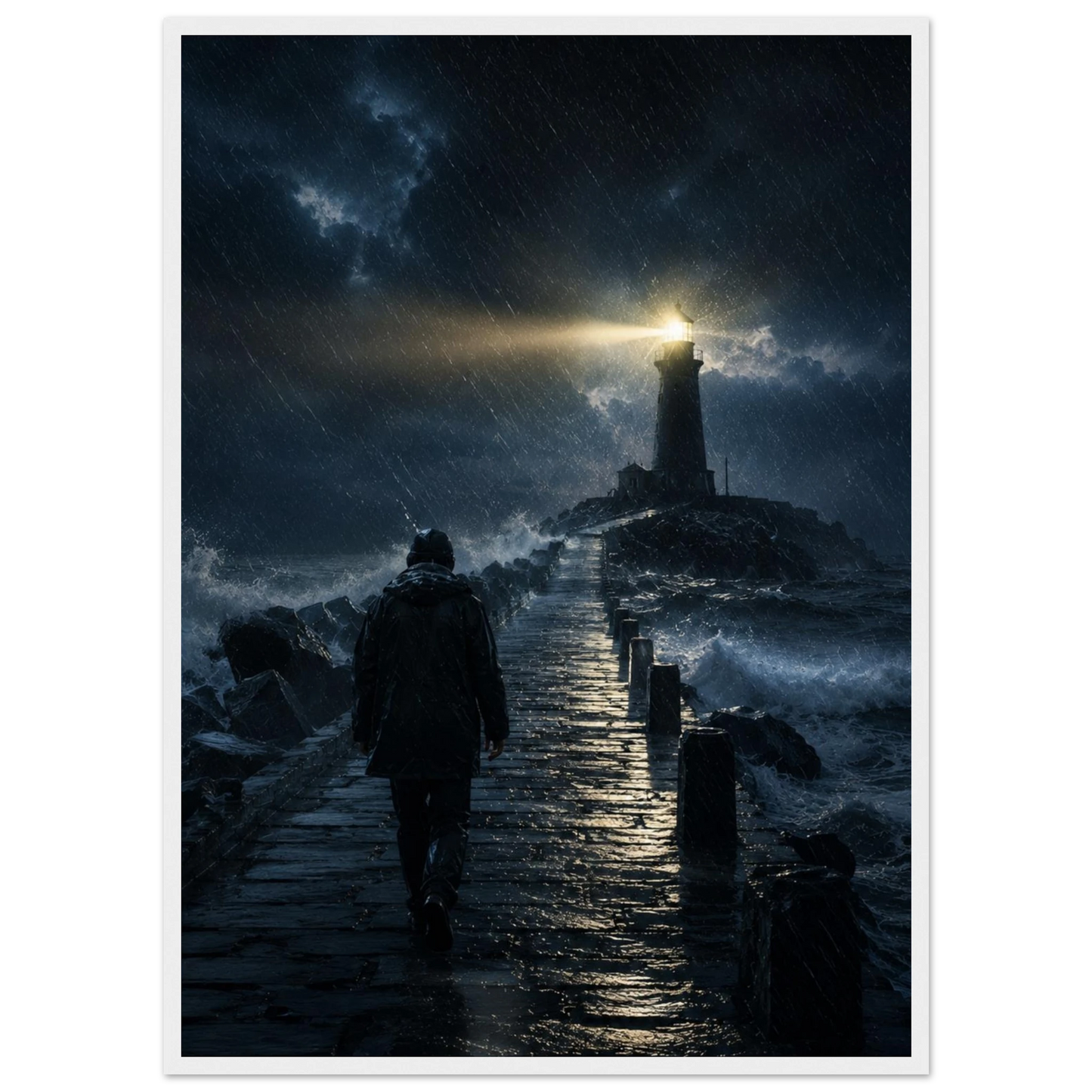 Fyrtårn plakat i storm med lysende fyr og mørkt hav