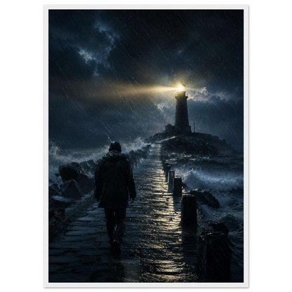 Fyrtårn plakat i storm med lysende fyr og mørkt hav