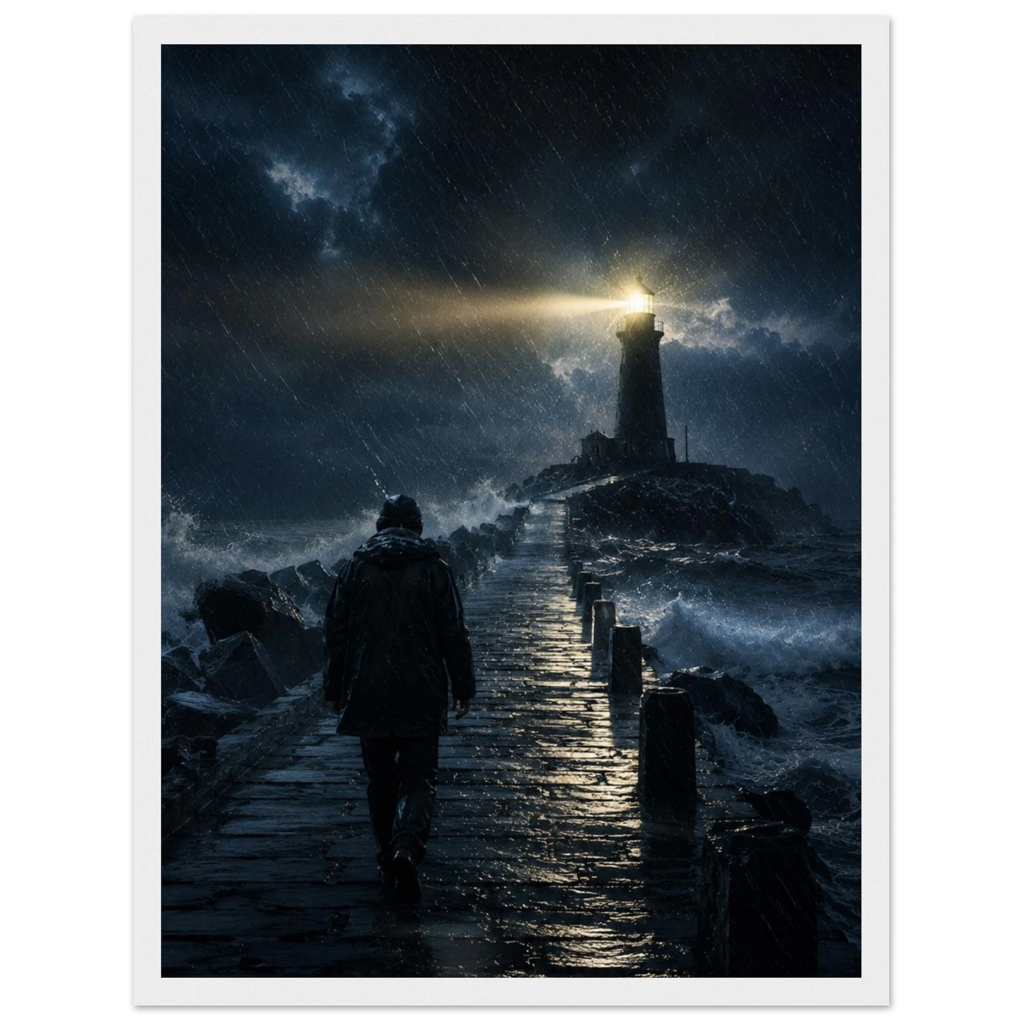 Fyrtårn plakat i storm med lysende fyr og mørkt hav
