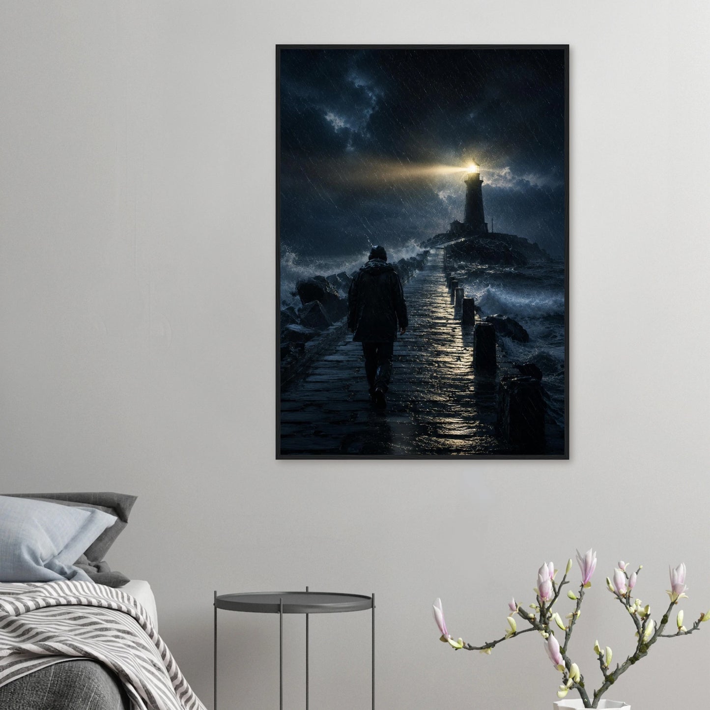 Fyrtårn plakat i storm med lysende fyr og mørkt hav