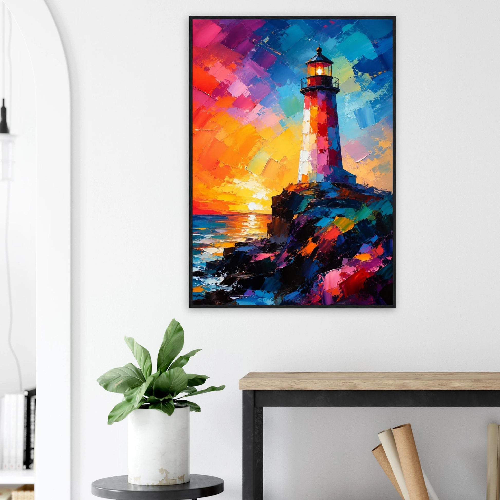 Abstrakt fyrtårnplakat med sterke blå, røde og oransje farger inspirert av den nordiske kysten.
