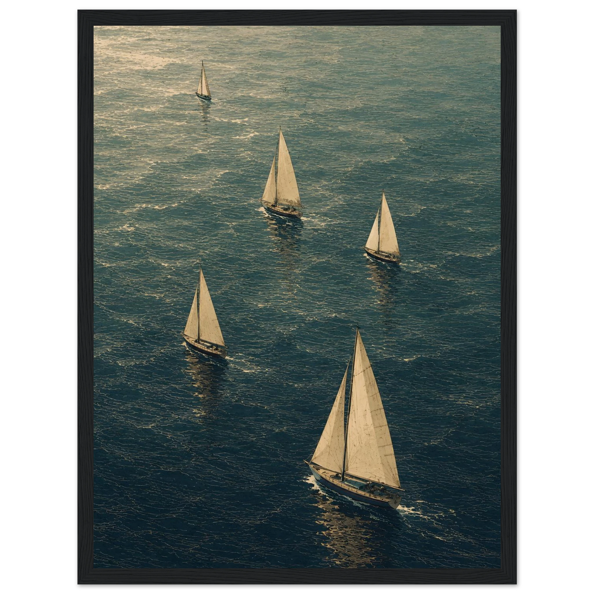 Maritim plakat med flere seilbåter som seiler over et blågrønt hav i et kunstnerisk grafisk uttrykk.