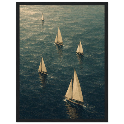 Maritim plakat med flere seilbåter som seiler over et blågrønt hav i et kunstnerisk grafisk uttrykk.
