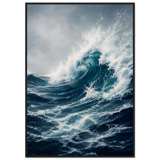 Maritim plakat med stor blå havbølge, hvitt sjøsprøyt og mørkt urolig hav