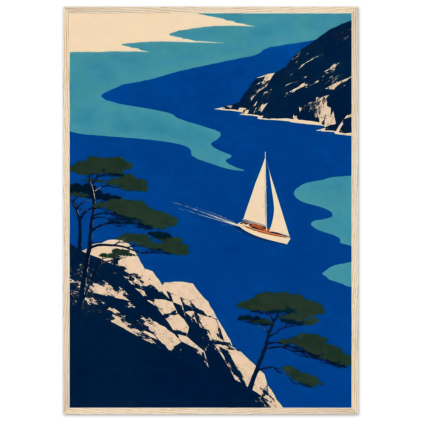Grafisk maritim plakat med seilbåt mellom blått hav, svaberg og kystfuruer