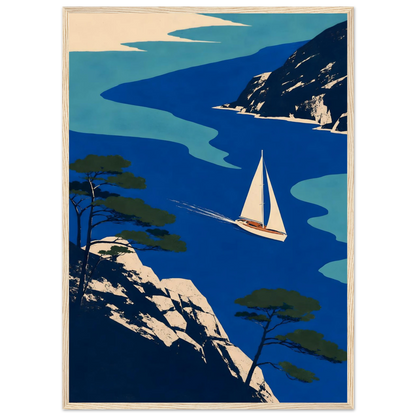 Grafisk maritim plakat med seilbåt mellom blått hav, svaberg og kystfuruer