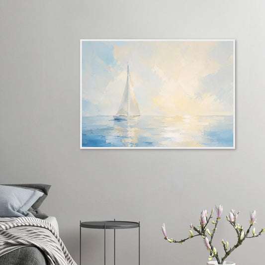Minimalistisk seilbåt plakat på speilblankt hav i lyse blå toner
