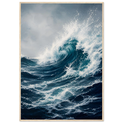 Maritim plakat med stor blå havbølge, hvitt sjøsprøyt og mørkt urolig hav
