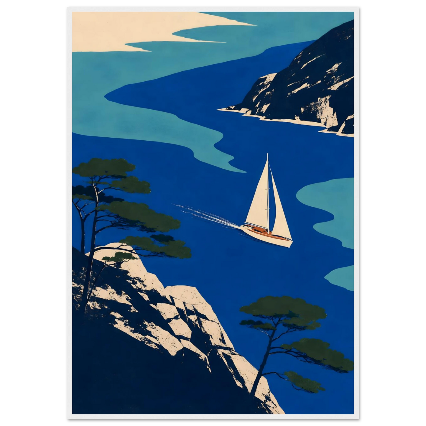 Grafisk maritim plakat med seilbåt mellom blått hav, svaberg og kystfuruer