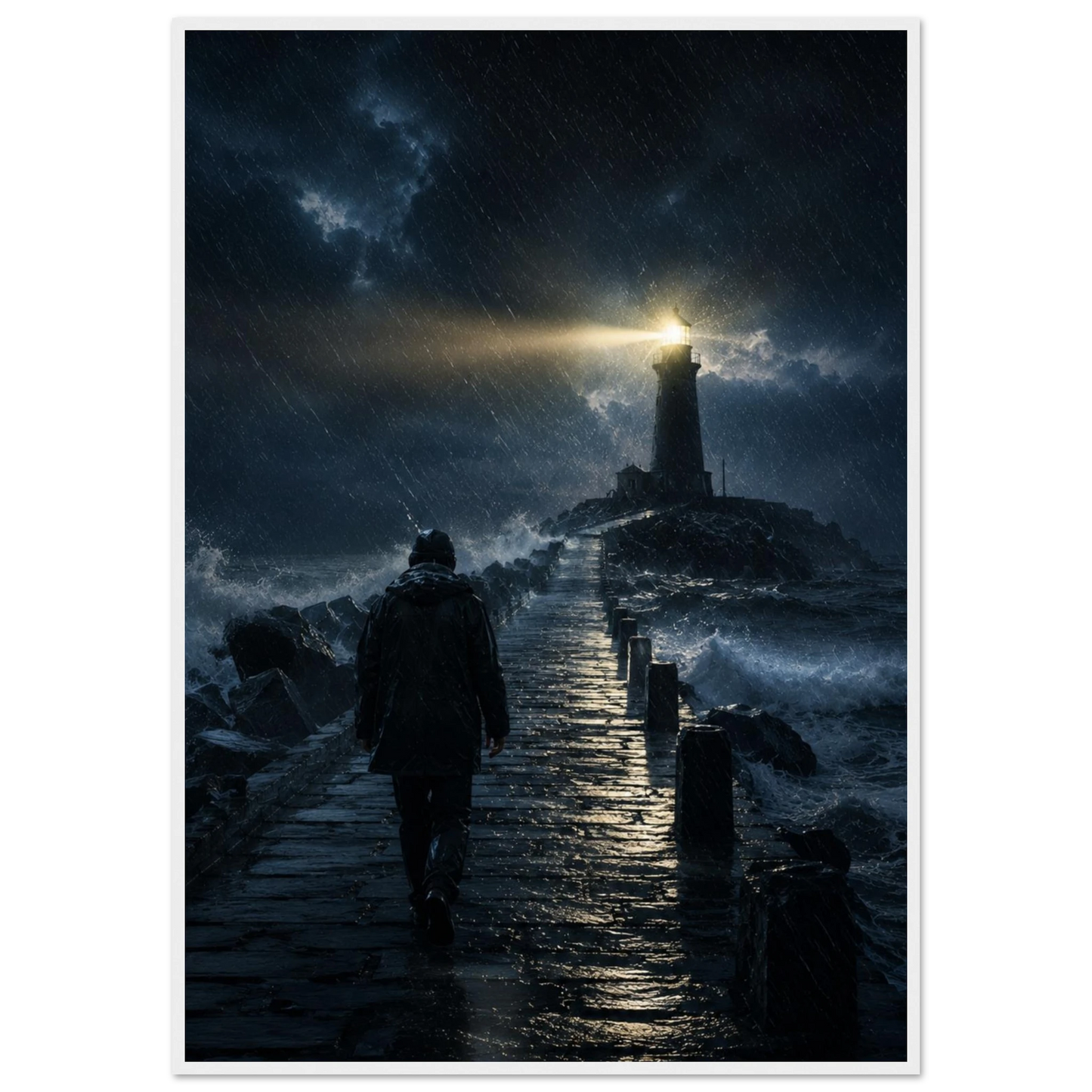 Fyrtårn plakat i storm med lysende fyr og mørkt hav