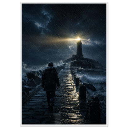 Fyrtårn plakat i storm med lysende fyr og mørkt hav