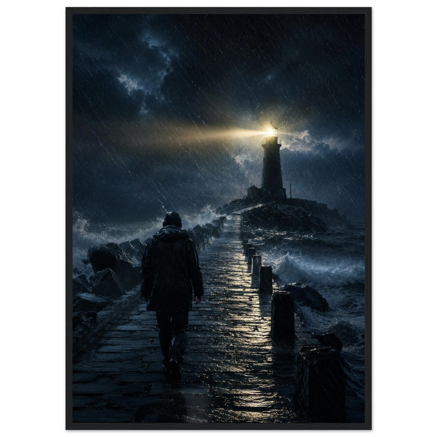 Fyrtårn plakat i storm med lysende fyr og mørkt hav