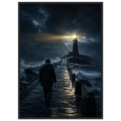 Fyrtårn plakat i storm med lysende fyr og mørkt hav