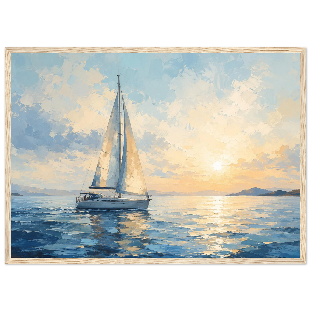 Seilbåt plakat på rolig hav ved solnedgang i blå og gylne toner